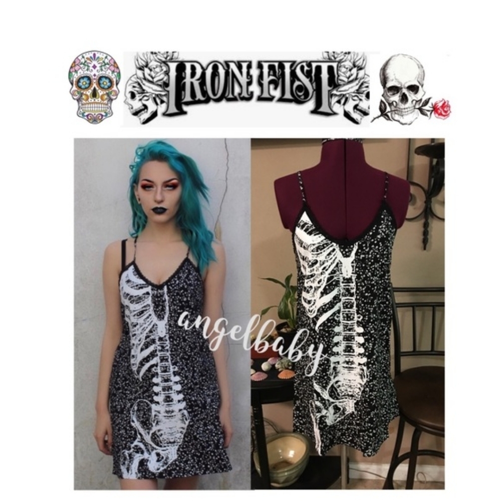 Iron Fist Death Breath Slip Dress in Black Skulls Small